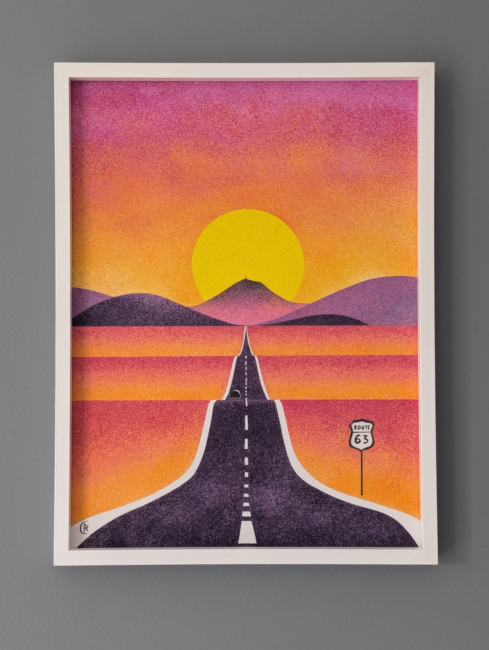 Affiche de style vintage évoquant une route de montagne vers le Puy de Dôme, dans l'esprit d'un panneau de la Route 66.