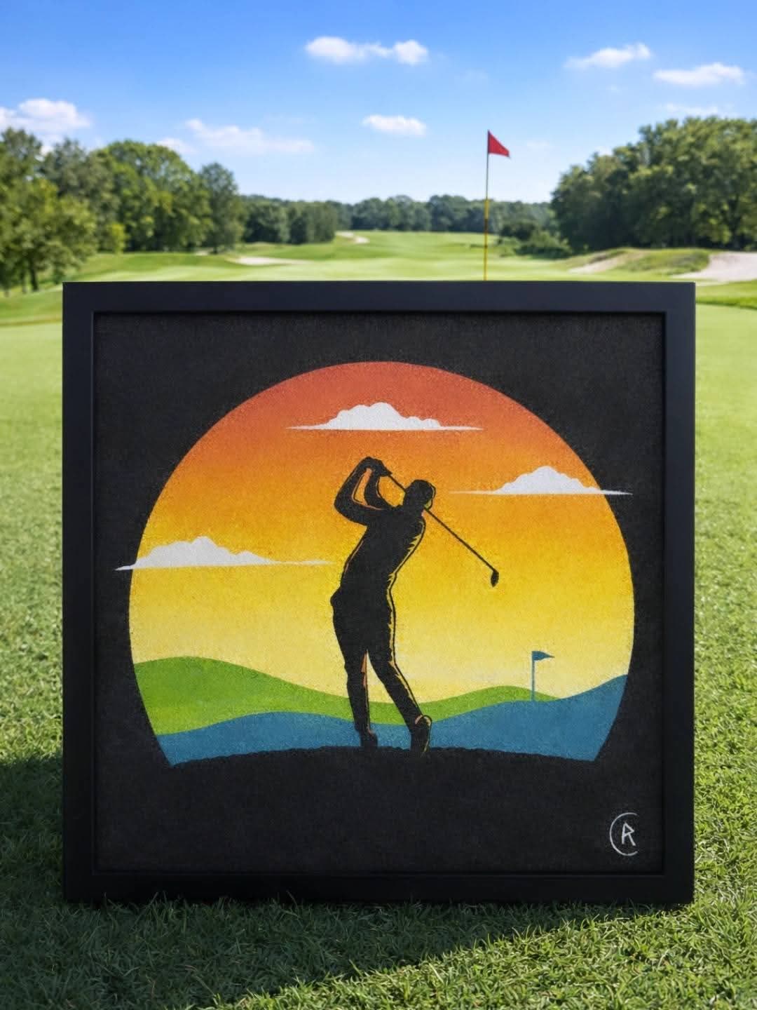 Silhouette noire d'un golfeur en plein swing, se détachant sur un dégradé de coucher de soleil orangé et un drapeau de green.